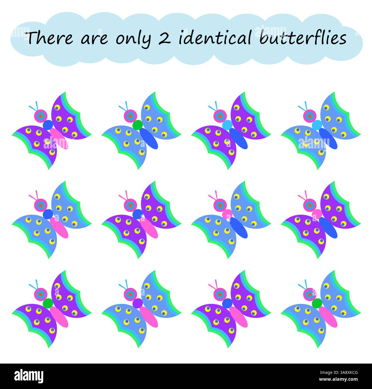 Jeu de puzzle amusant pour les enfants. Besoin de trouver 2 papillons identiques. Tâche pour le développement de l'attention et de la logique. Illustration vectorielle. Illustration de Vecteur
