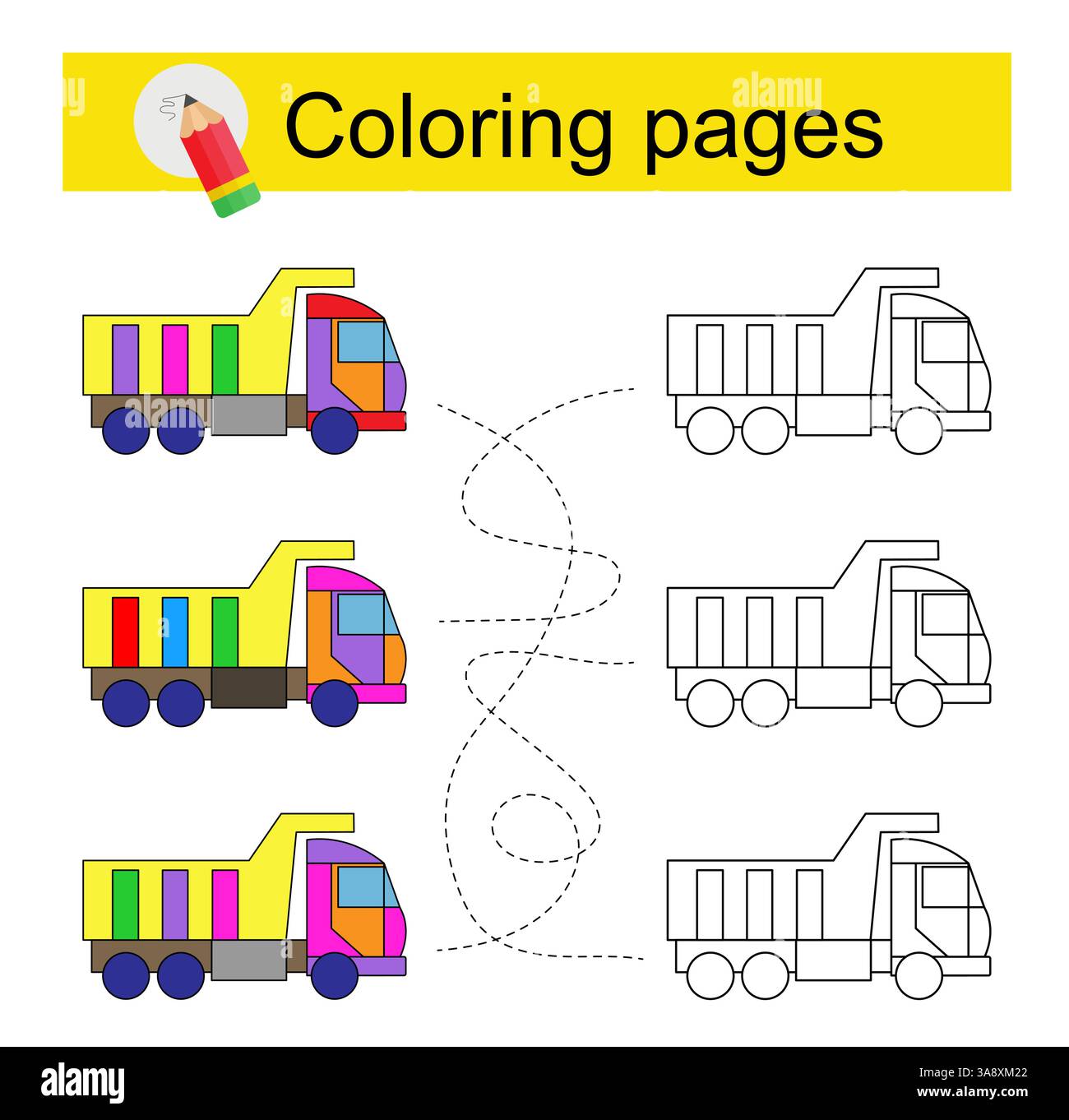 Jeu éducatif pour les enfants. Traversez le labyrinthe et coloriez un camion de dessin animé selon le motif. Illustration vectorielle. Illustration de Vecteur