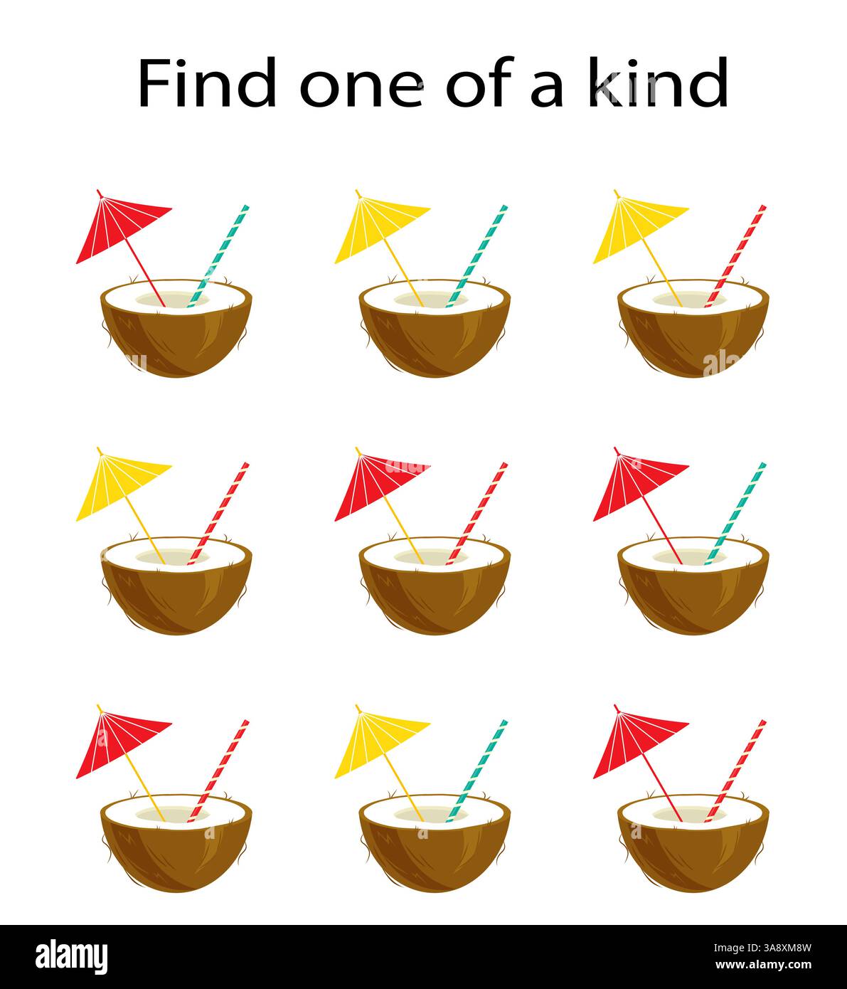 Tâche pour le développement de l'attention et de la logique. Besoin de trouver une noix de coco d'un genre. Page d'activités pour enfants. Illustration vectorielle. Illustration de Vecteur