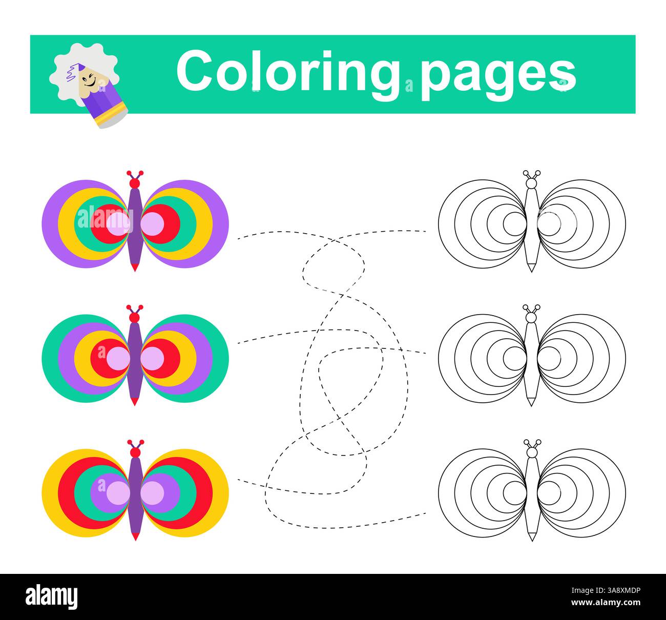Jeu éducatif pour enfants. Traversez le labyrinthe et coloriez un papillon selon le motif. Illustration vectorielle. Illustration de Vecteur