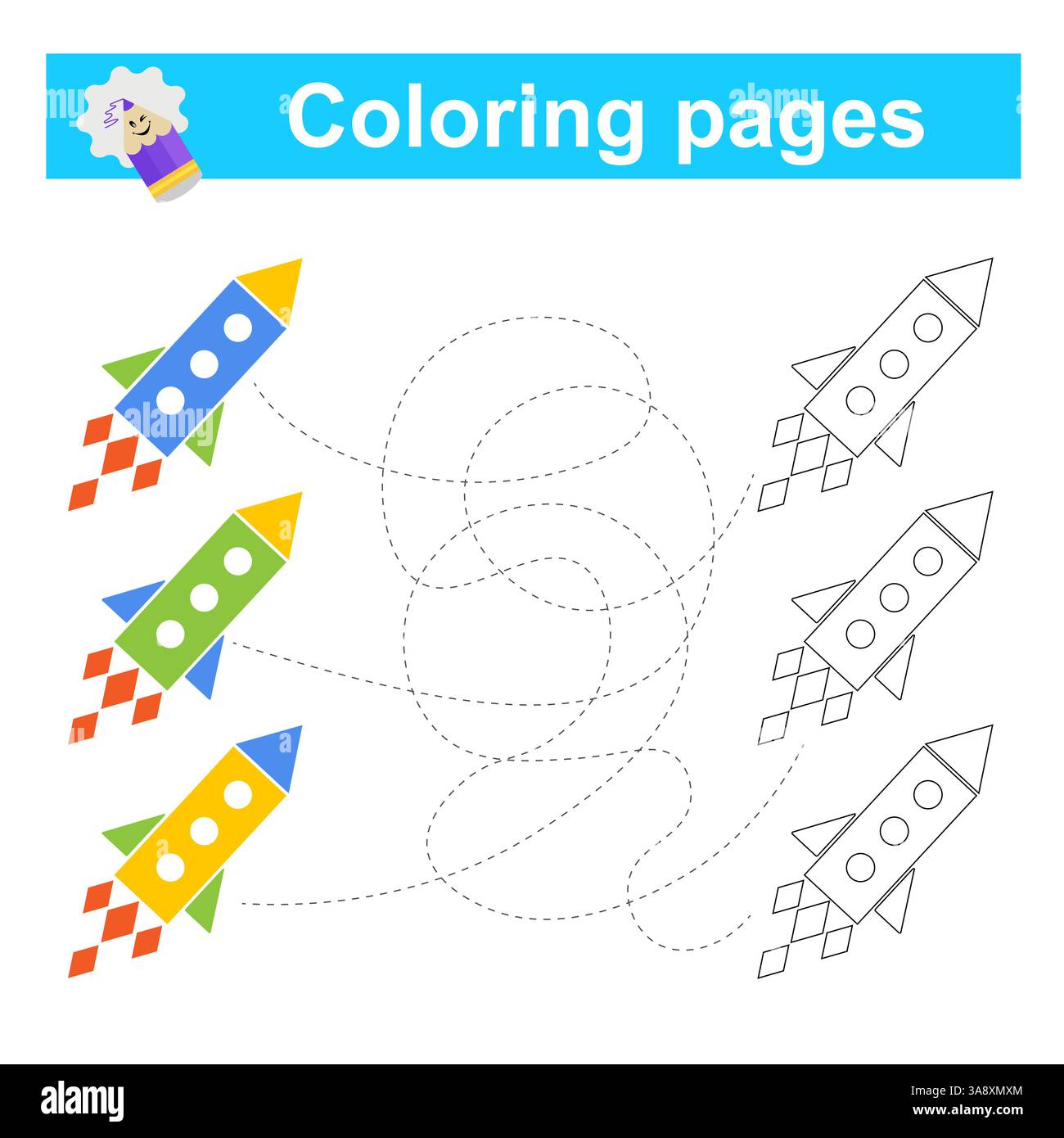 Jeu éducatif pour enfants. Traversez le labyrinthe et coloriez la fusée de dessin animé selon le motif. Illustration vectorielle. Illustration de Vecteur