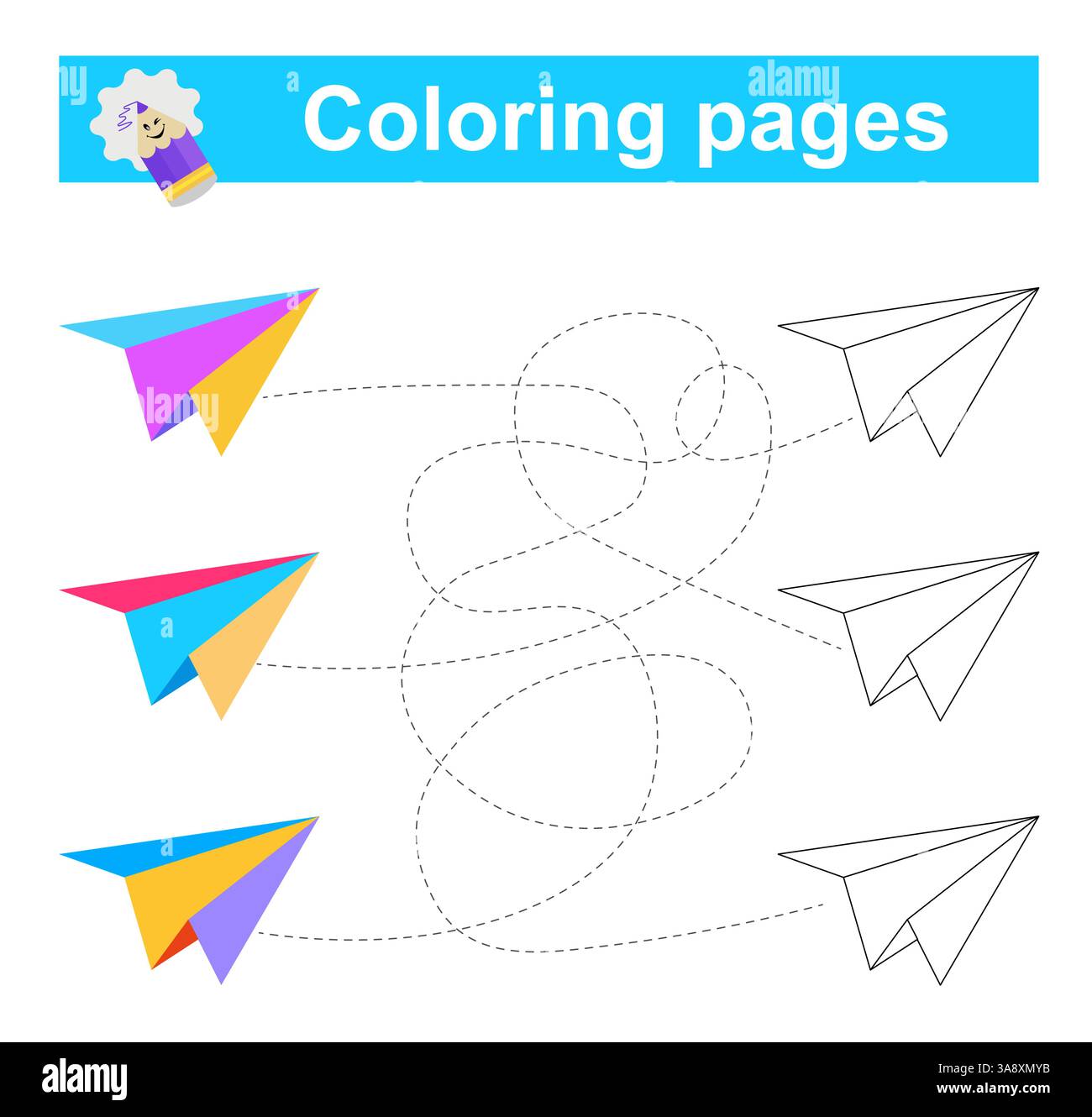 Jeu éducatif pour enfants. Traversez le labyrinthe et coloriez l'avion de papier selon le motif. Illustration vectorielle. Illustration de Vecteur