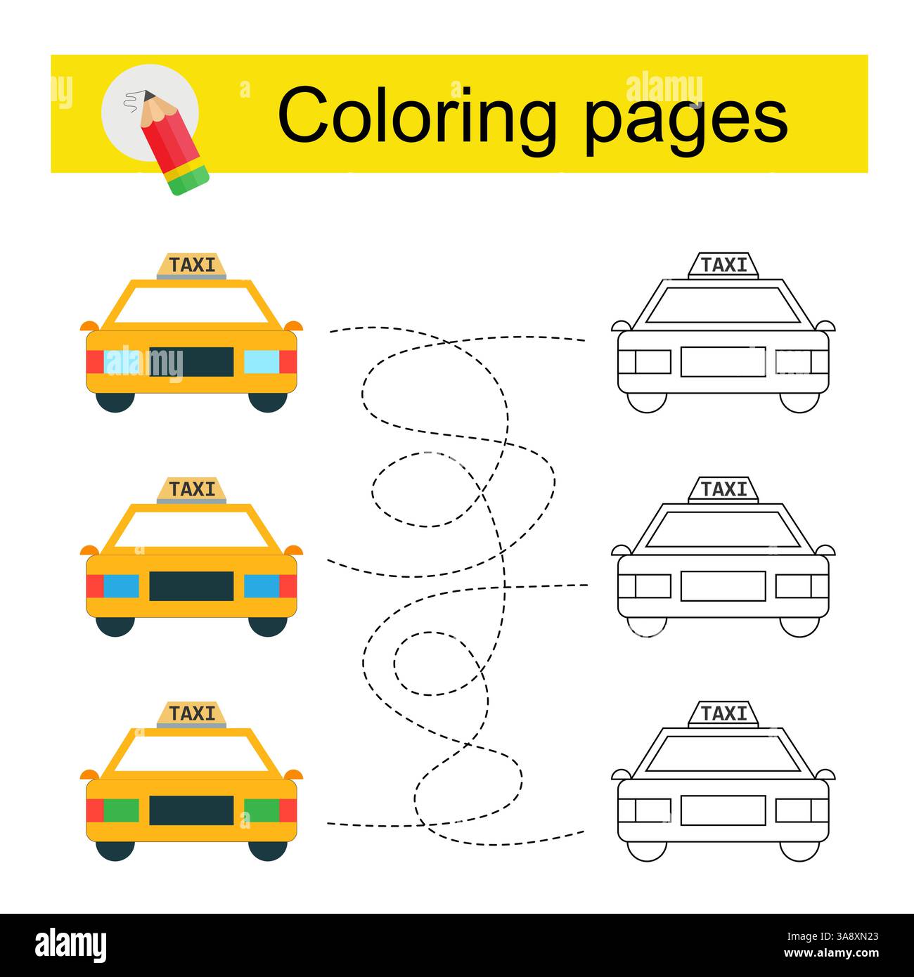 Jeu éducatif pour les enfants. Traversez le labyrinthe et coloriez un taxi de dessin animé selon le motif. Illustration vectorielle. Illustration de Vecteur