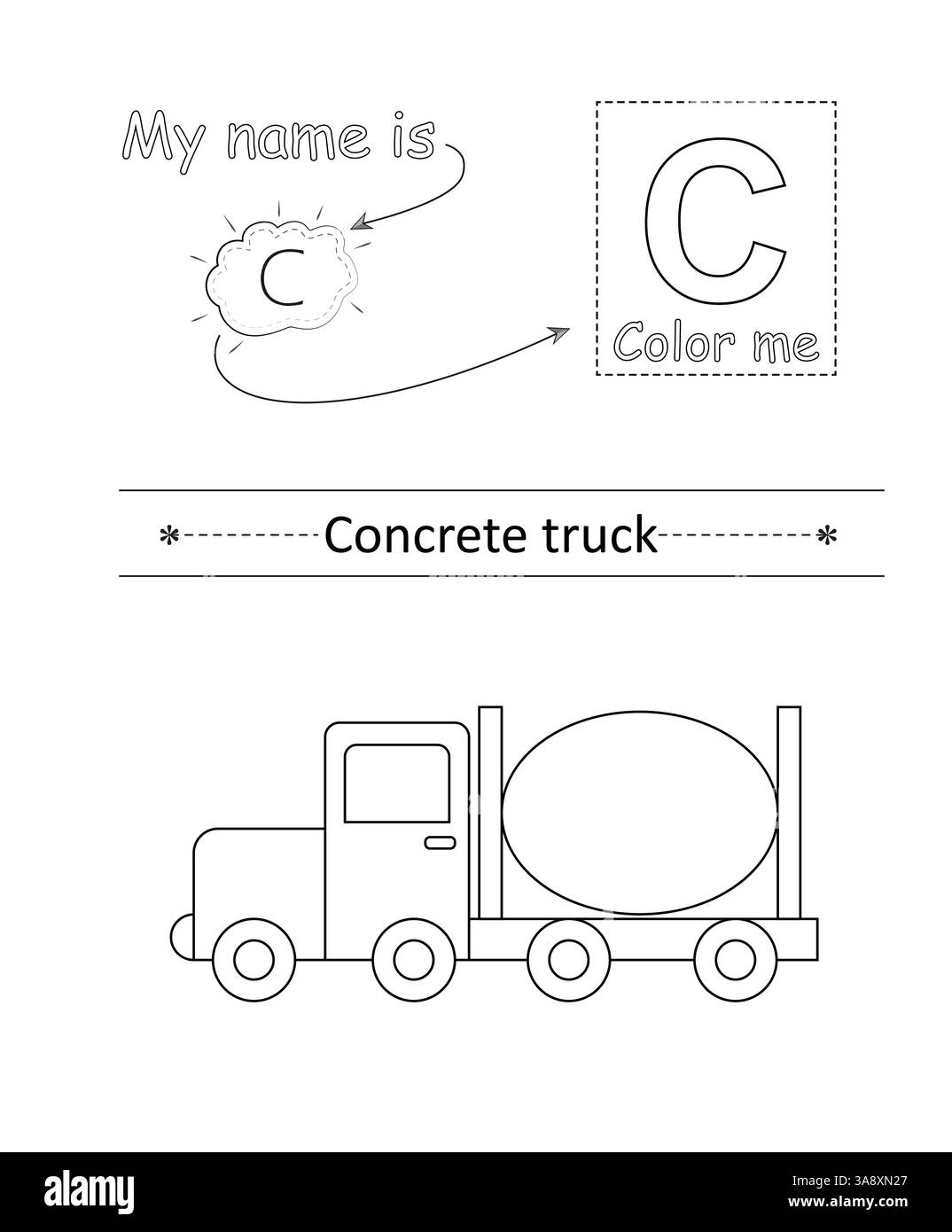 Colorer la lettre et l'image. Jeu éducatif pour enfants. Alphabet de coloriage. Lettre C et drôle de camion de béton. Illustration de Vecteur