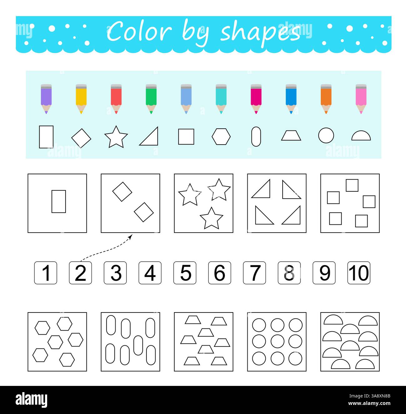 Coloriage. Couleur par formes. Apprenez des nombres avec des formes géométriques. Illustration vectorielle pour l'éducation des enfants. Conception plate. Illustration de Vecteur