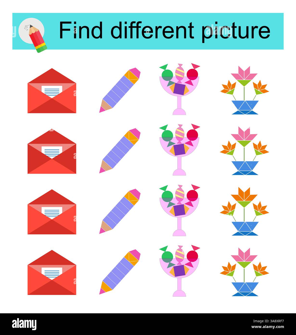 Jeu de logique pour les enfants. Trouver une autre image. Illustration vectorielle de l'enveloppe de lettre, bol de bonbons, crayon, fleurs Illustration de Vecteur