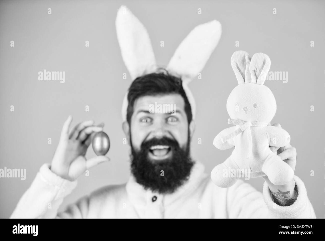 L'homme barbu porte des oreilles de lapin. Concept de symbole Pâques. Shopping de Pâques. Culotte taille basse mignon lapin longues oreilles fond bleu. Lapin de Pâques. Amuse-toi bien. Drôle Banque D'Images