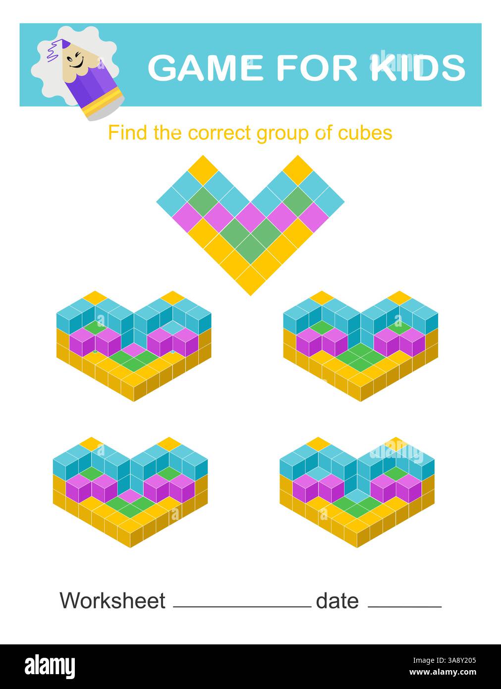 Trouvez le bon groupe de cubes. Jeu logique. Tâches d'attention pour les enfants. Feuille de travail imprimable. Illustration de Vecteur