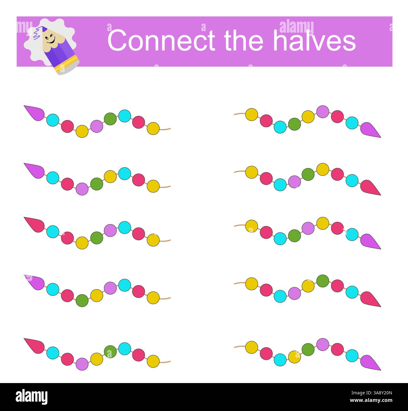 Jeu de logique. Matériel éducatif pour enfants. Besoin de fınd les moitiés de perles. Illustration vectorielle. Illustration de Vecteur