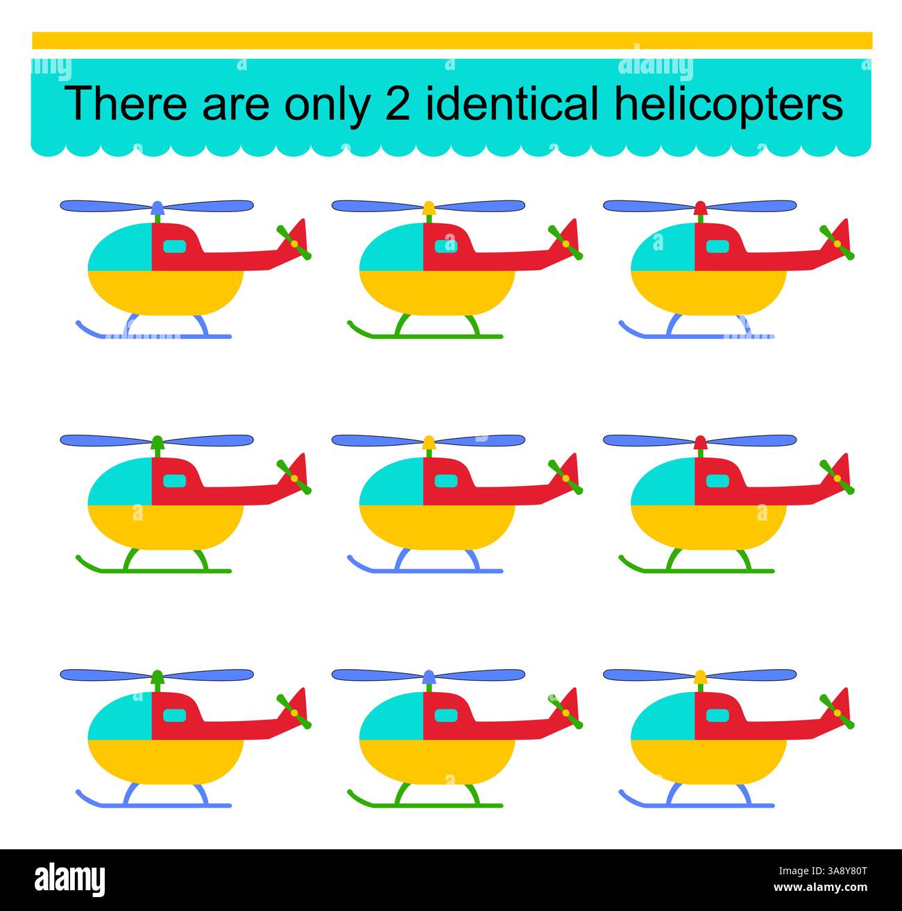 Jeu de puzzle amusant pour les enfants. Besoin de trouver deux hélicoptères identiques. Tâche pour le développement de l'attention et de la logique. Illustration vectorielle. Illustration de Vecteur