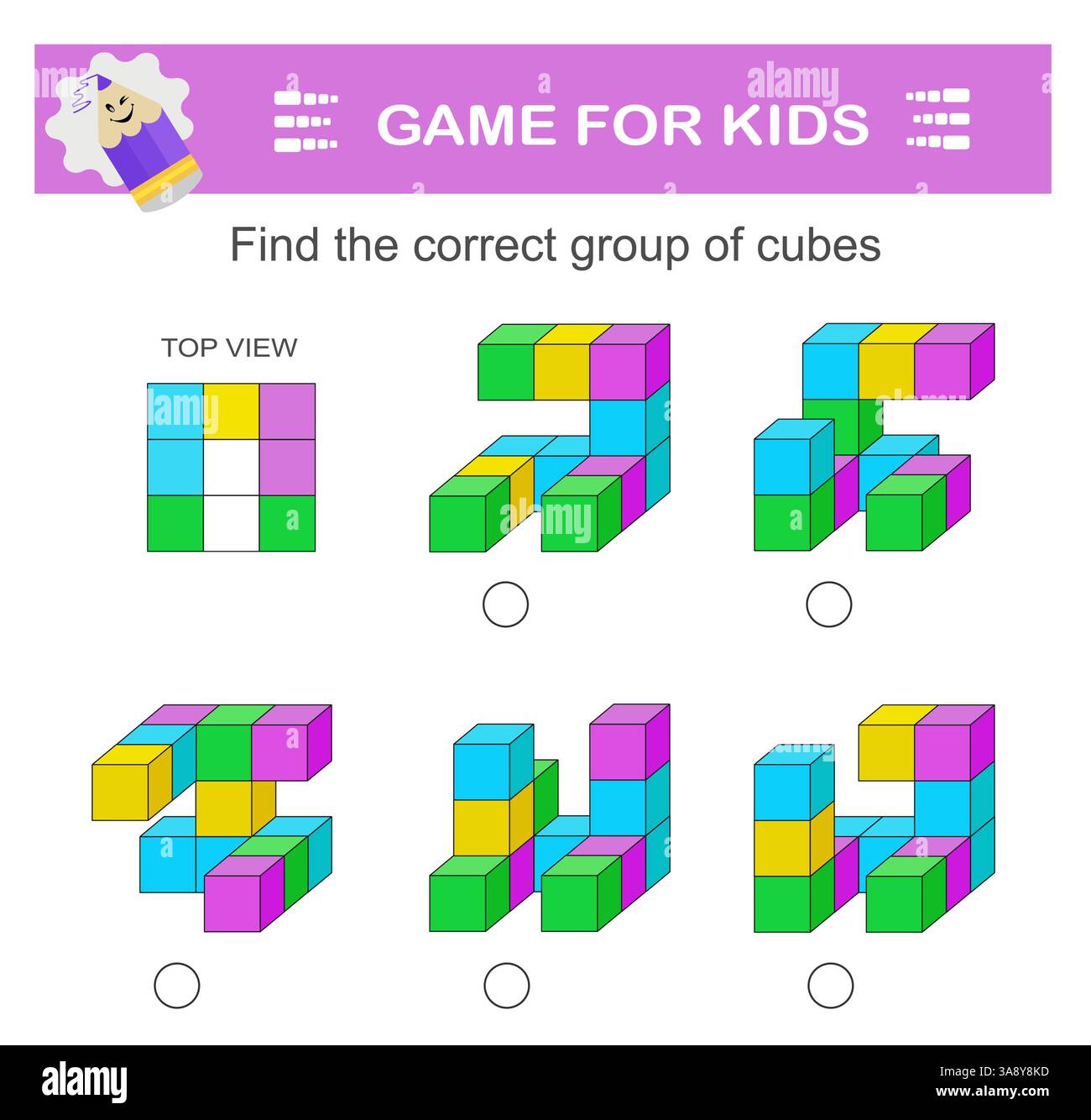 Trouvez le bon groupe de cubes. Jeu de logique. Tâches d'attention pour les enfants. Test d'entraînement QI. Illustration de Vecteur