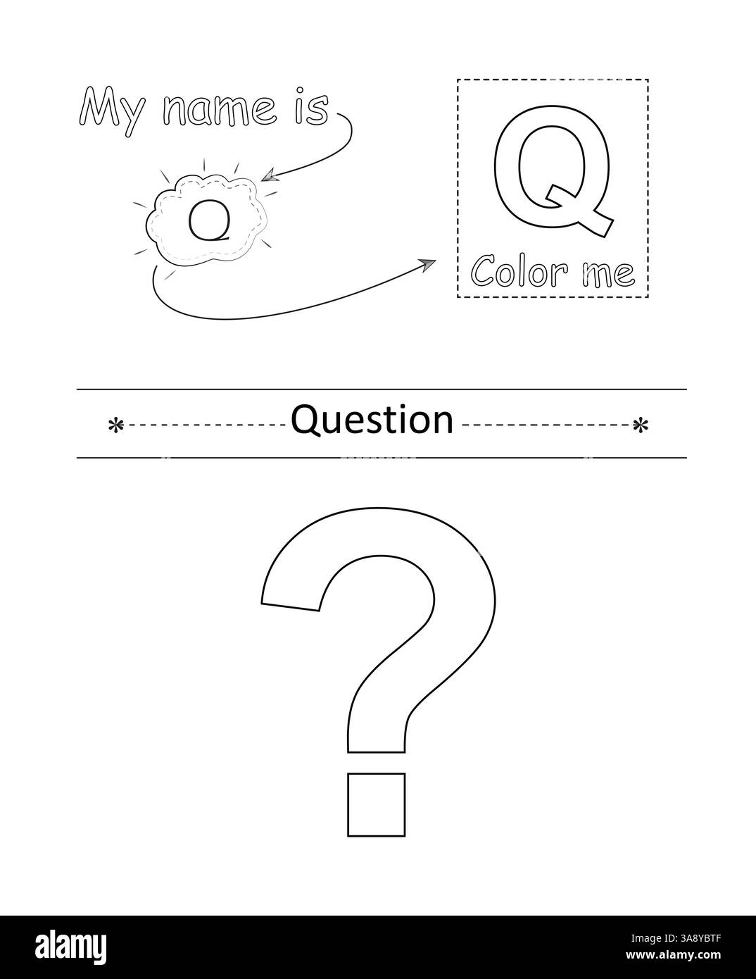 Colorer la lettre et l'image. Jeu éducatif pour enfants. Alphabet de coloriage. Lettre Q et point d'interrogation. Illustration de Vecteur