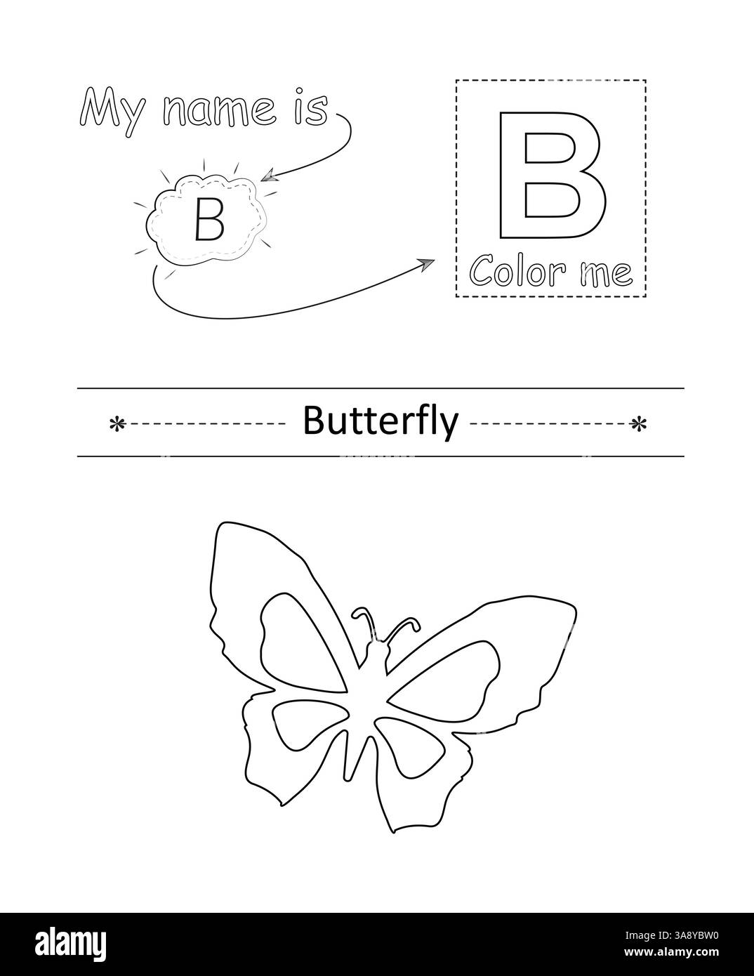 Colorer la lettre et l'image. Jeu éducatif pour enfants. Alphabet de coloriage. Lettre B et joli papillon. Illustration de Vecteur
