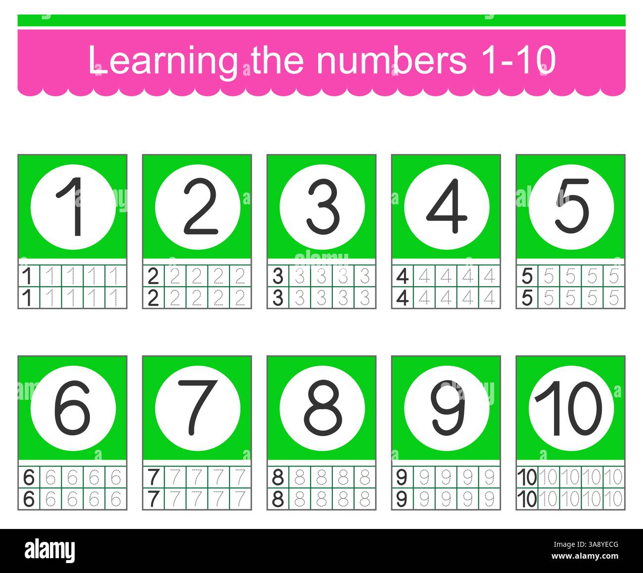 Apprendre les chiffres 1-10. Tracez les nombres. Matériel éducatif pour enfants. Feuille de travail imprimable. Illustration de Vecteur