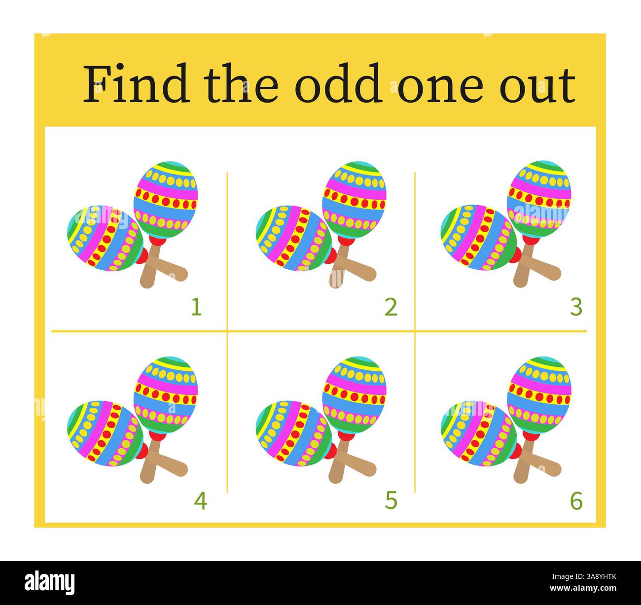 Jeu pour enfants. Tâche pour le développement de l'attention et de la logique. Page d'activité enfants. Illustration vectorielle de maracas. Illustration de Vecteur