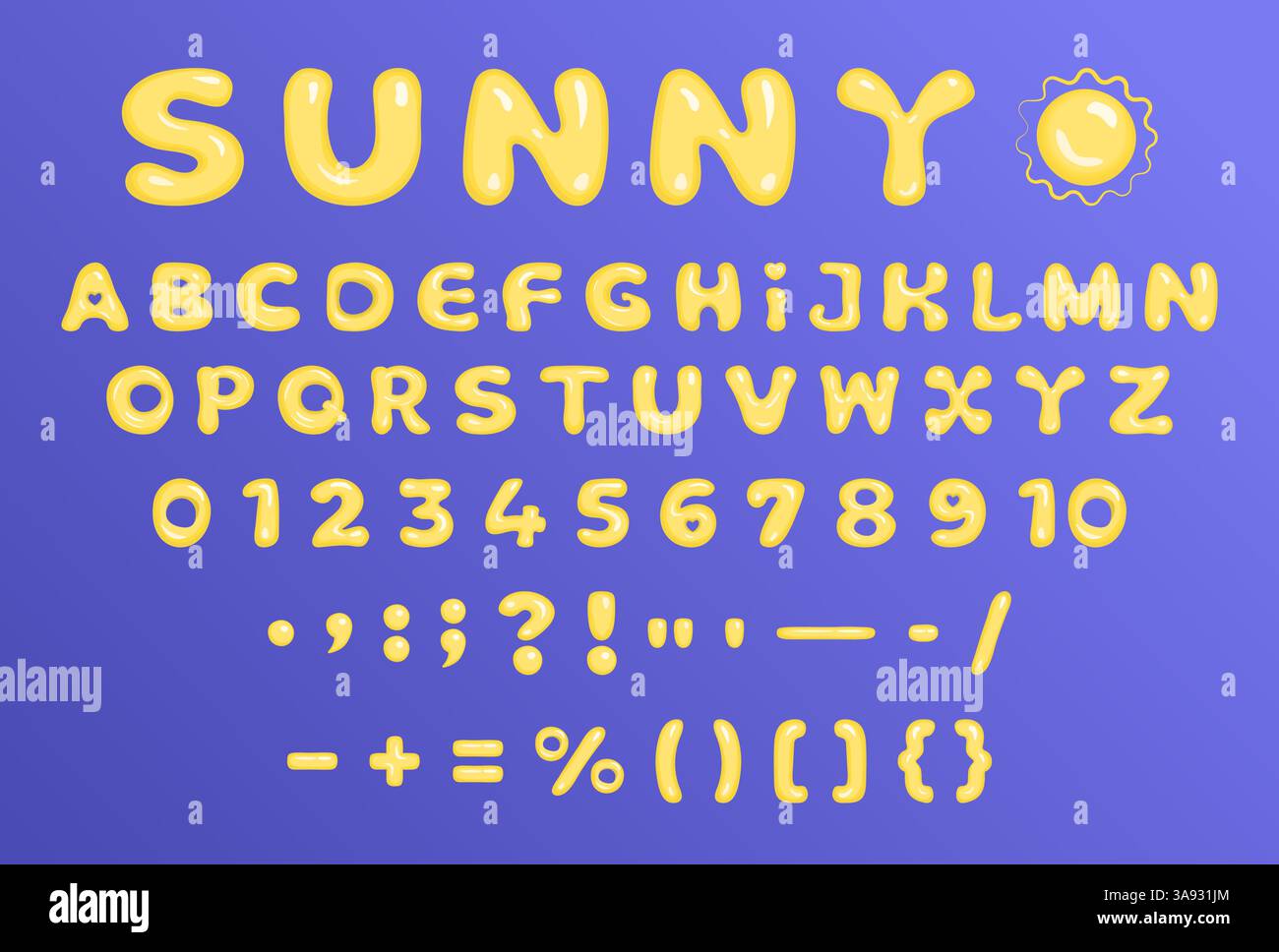 Police bulle jaune, alphabet anglais brillant y2k, lettres 3D vectorielles de ballon de dessin animé, chiffres et signes de ponctuation. Ils sont parfaits pour optimiste et h. Illustration de Vecteur