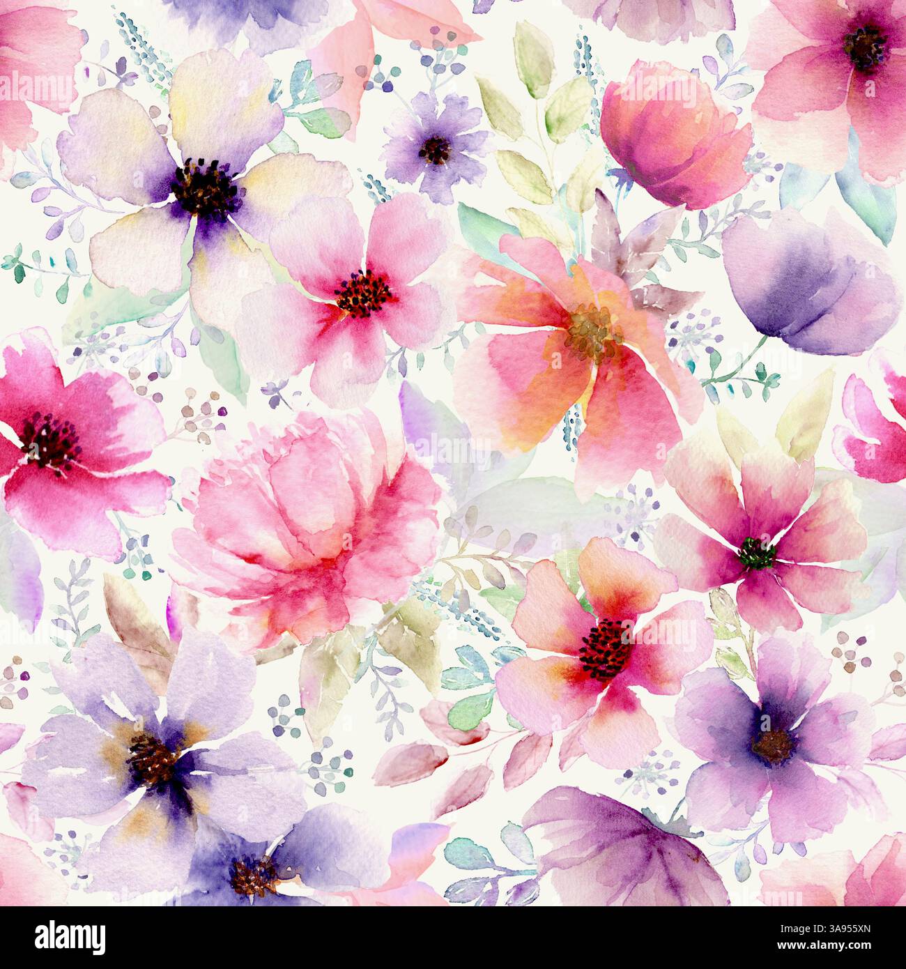 Aquarelle abstrait motif floral audacieux sans couture. Aquarelle dessinée à la main colorée violet rose rouge illustration de fleur. Impression multicolore pour papier peint, Banque D'Images