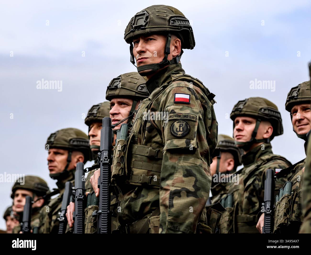 Limanowa, Pologne. 29 mars 2025. Les soldats de la Force de défense territoriale assistent à l’ouverture du complexe militaire du 114e Bataillon d’infanterie légère. La Force de défense territoriale (TDF), ou Wojska Obrony Terytorialnej (WOT), est la cinquième branche des forces armées polonaises, composée de soldats professionnels et volontaires à temps partiel, qui se concentrent sur la défense du territoire polonais et le soutien aux agences civiles en temps de paix. Crédit : SOPA images Limited/Alamy Live News Banque D'Images Limanowa, Pologne. 29 mars 2025. Les soldats de la Force de défense territoriale assistent à l’ouverture du complexe militaire du 114e Bataillon d’infanterie légère. La Force de défense territoriale (TDF), ou Wojska Obrony Terytorialnej (WOT), est la cinquième branche des forces armées polonaises, composée de soldats professionnels et volontaires à temps partiel, qui se concentrent sur la défense du territoire polonais et le soutien aux agences civiles en temps de paix. Crédit : SOPA images Limited/Alamy Live News Banque D'Images