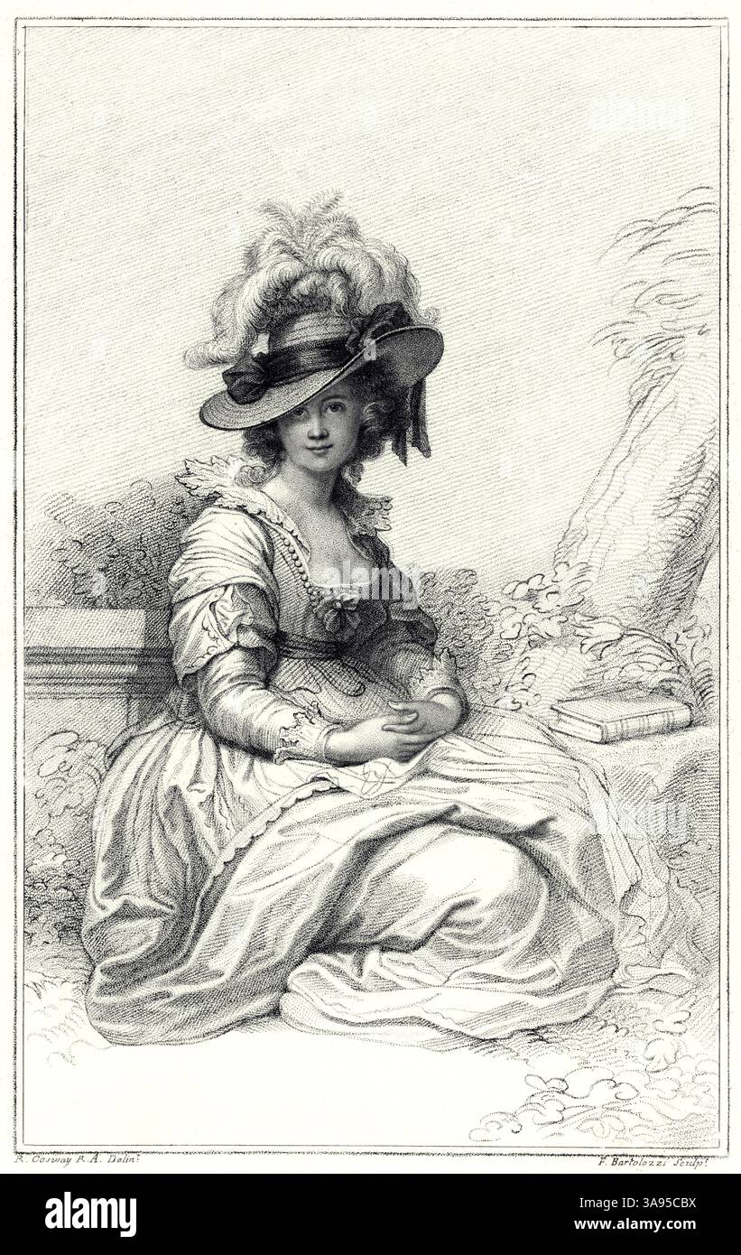 1785 , GRANDE-BRETAGNE : la peintre italo-britannique, musicienne et éducatrice MARIA Luisa Caterina Cecilia COSWAY ( Hadfield , 1760 - 1838 ). Portrait gravé par Francesco Bartolozzi , d'après un portrait de Maria Housband Richard Cosway ( 1742 – 1821 ), pubblished in London , 1785 . - PORTRAIT - RITRATTO - ARTE - ART - PITTORE - PITTRICE - Roccocò - HISTOIRE - FOTO STORICHE - colletto di pizzo - collier dentelle - INCISIONE - ILLUSTRAZIONE - INCISIONE - Romanticismo - chapeau - cappello di paglia - piume - plumes - scollatura - ouverture de cou - MUSICA BAROCCA - MUSIQUE - CLASSICA - CLASSIQUE - EDUCATR Banque D'Images
