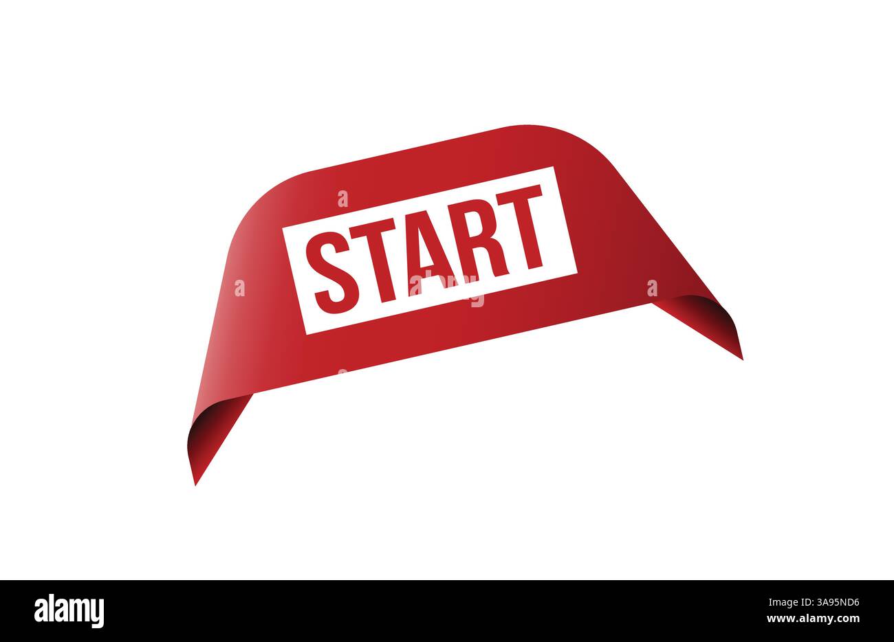 Commencer la bannière d'étiquette de ruban rouge. Ouvrir affiche disponible maintenant ou étiquette de début. Illustration de Vecteur