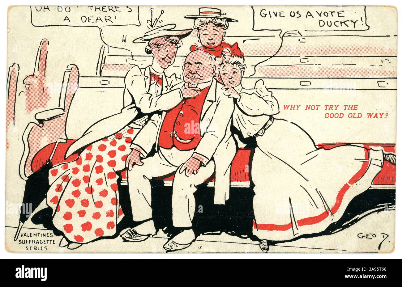 Original Edwardian Era comic carte postale anti-suffragette - suggère que les femmes obtiennent le vote de la manière subtile à l'ancienne - ici un groupe séduisent un député masculin. Série de suffragettes de la Saint-Valentin par Geo D. circa 1908. Banque D'Images Original Edwardian Era comic carte postale anti-suffragette - suggère que les femmes obtiennent le vote de la manière subtile à l'ancienne - ici un groupe séduisent un député masculin. Série de suffragettes de la Saint-Valentin par Geo D. circa 1908. Banque D'Images