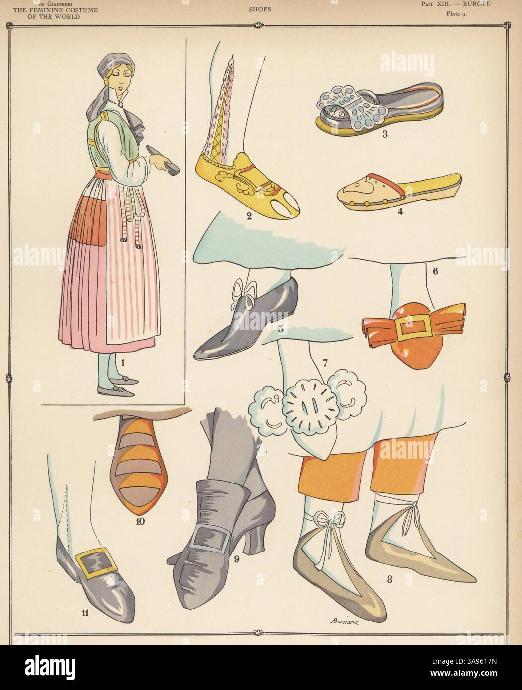 Chaussures européennes pour femmes. Costume de fête suédois 1, tuyau pour femme créole péruvien 2, chaussures à boucle néerlandaise 3, blookje ou sabot néerlandais 4, berger majorquin 5, chaussures à boucle espagnole 6, chaussures pour fille néerlandaise 7, sandales scandinaves 8,9 et chaussures à boucle majorquine 11. Lithographie pochoir (pochoir) colorée à la main par Bernard tirée de Paul Louis de Giafferri, History of Feminine costume of the World, Foreign Publications, New York, 1927. Banque D'Images