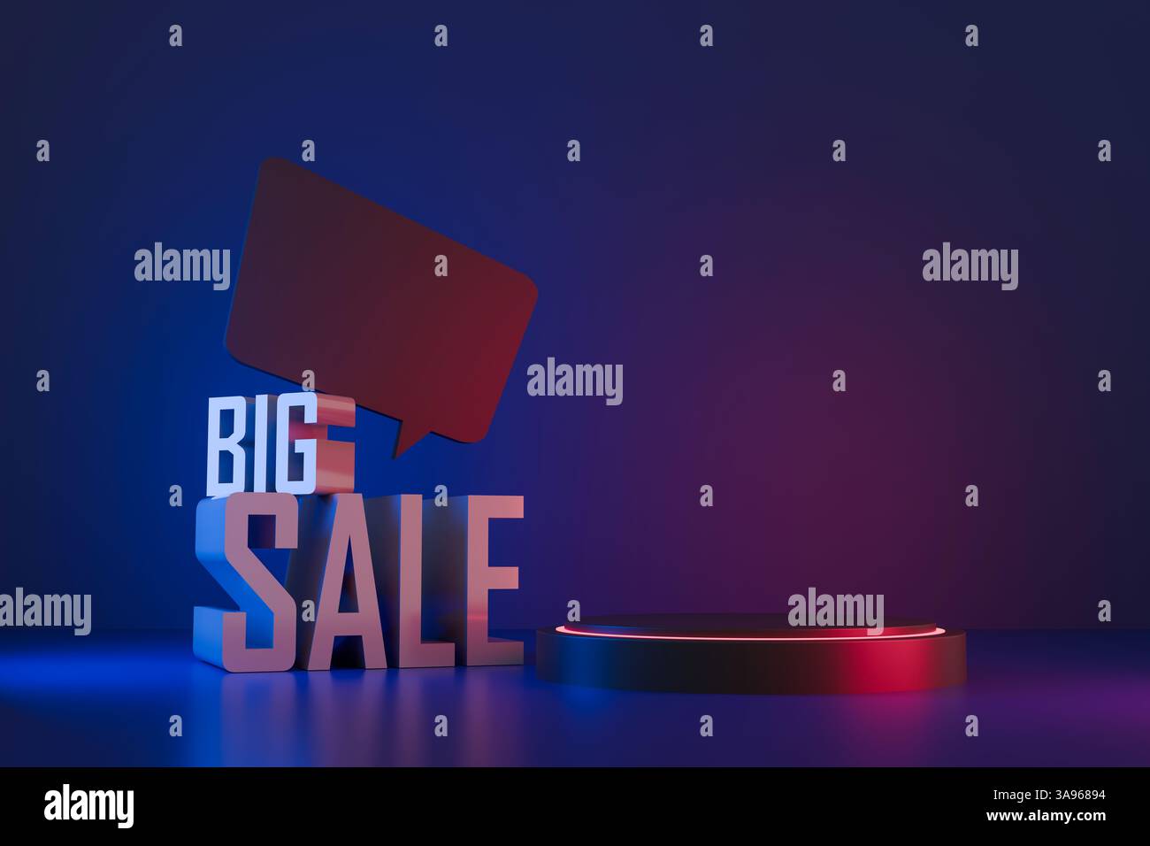 Typographie 3D grande vente avec bulle de parole sur fond de néon brillant. Parfait pour les promotions, le commerce électronique, les bannières marketing et les campagnes publicitaires Banque D'Images