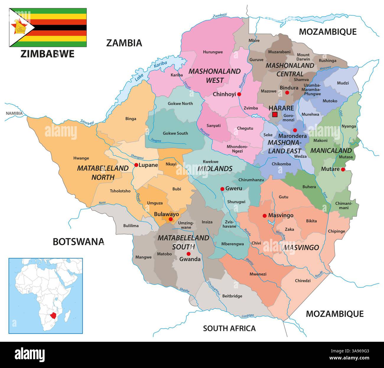 Carte administrative de l'État sud-africain du Zimbabwe Banque D'Images