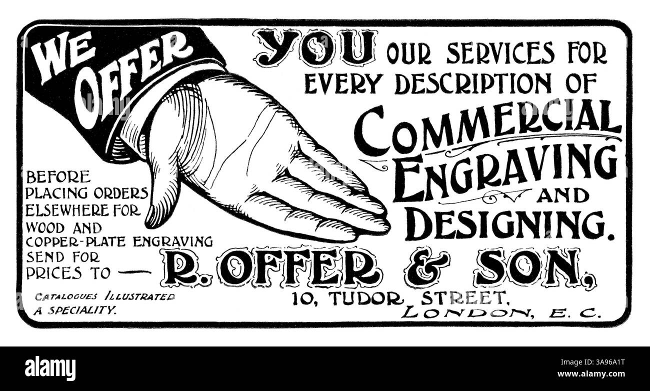 1903 publicité britannique pour R. Offer & son, graveurs sur bois et sur plaque de cuivre à l'industrie de l'imprimerie. Banque D'Images