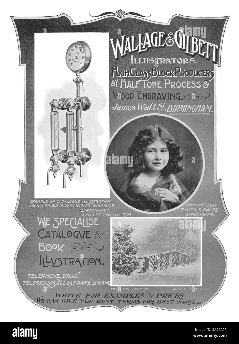 1903 publicité britannique pour Wallage & Gilbett - illustrateurs, fabricants de blocs d'impression, procédés demi-teintes et graveurs sur bois pour l'industrie de l'imprimerie. Banque D'Images