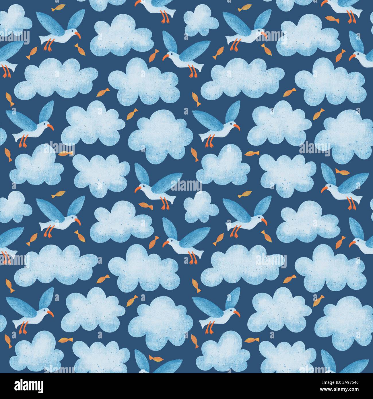 Mouettes mignonnes et nuages. Motif sans couture Cartoon Weather Character. Style dessiné à la main Banque D'Images