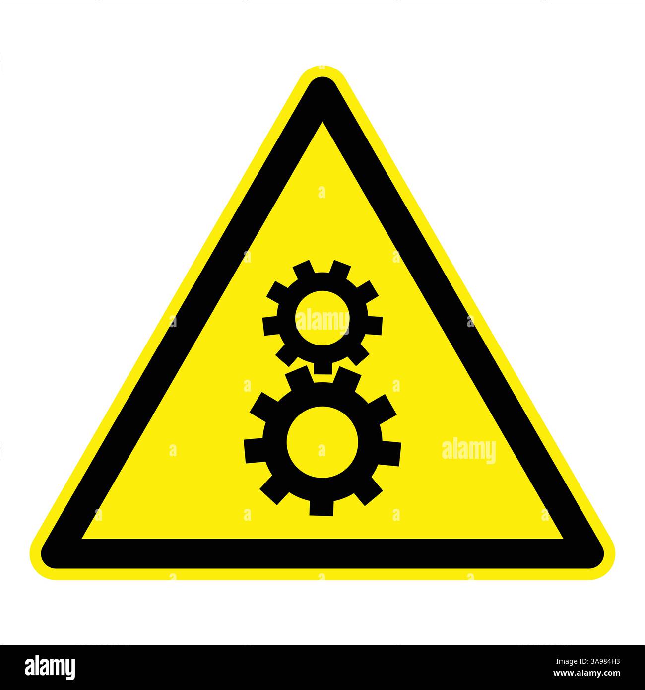 Panneau d'avertissement triangulaire jaune représentant deux engrenages rotatifs noirs interverrouillés, symbolisant le danger potentiel des pièces mobiles Illustration de Vecteur