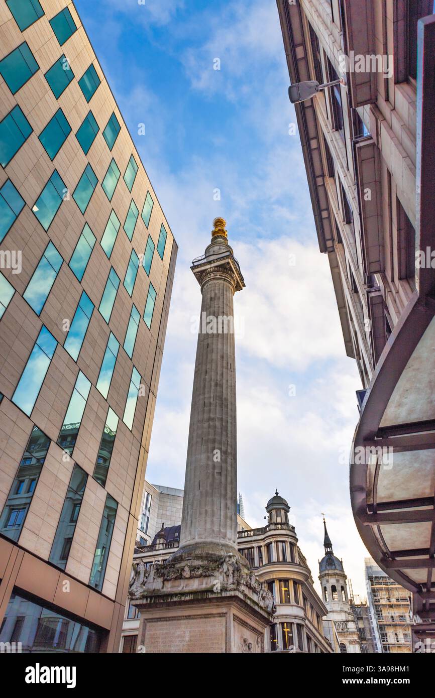 Le Monument au Grand incendie de Londres entouré d'une architecture moderne Banque D'Images