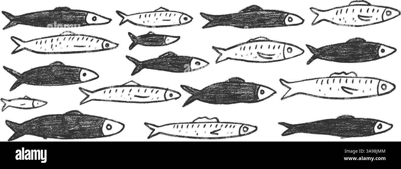 Jeu de doodle de poissons. Sardines dessinées à la main griffonnage École de poissons dans la mer. Illustration nautique monochrome vectorielle par crayon isolé sur fond blanc Illustration de Vecteur