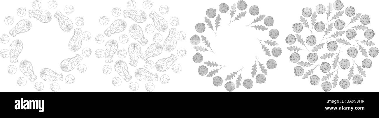 Biftecks de saumon dessinés à la main et têtes de choux de Bruxelles cadre circulaire et fond ensemble texture 2. Illustration vectorielle isolée cartes thématiques, messages ou brochures promotionnelles Web, étiquette Illustration de Vecteur