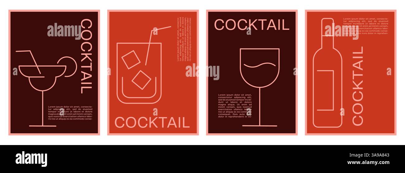 ensemble de posters de cocktail minimalistes, icônes de ligne de cocktails comme le mojito, le vin, la margarita, place pour le texte ou le menu Illustration de Vecteur