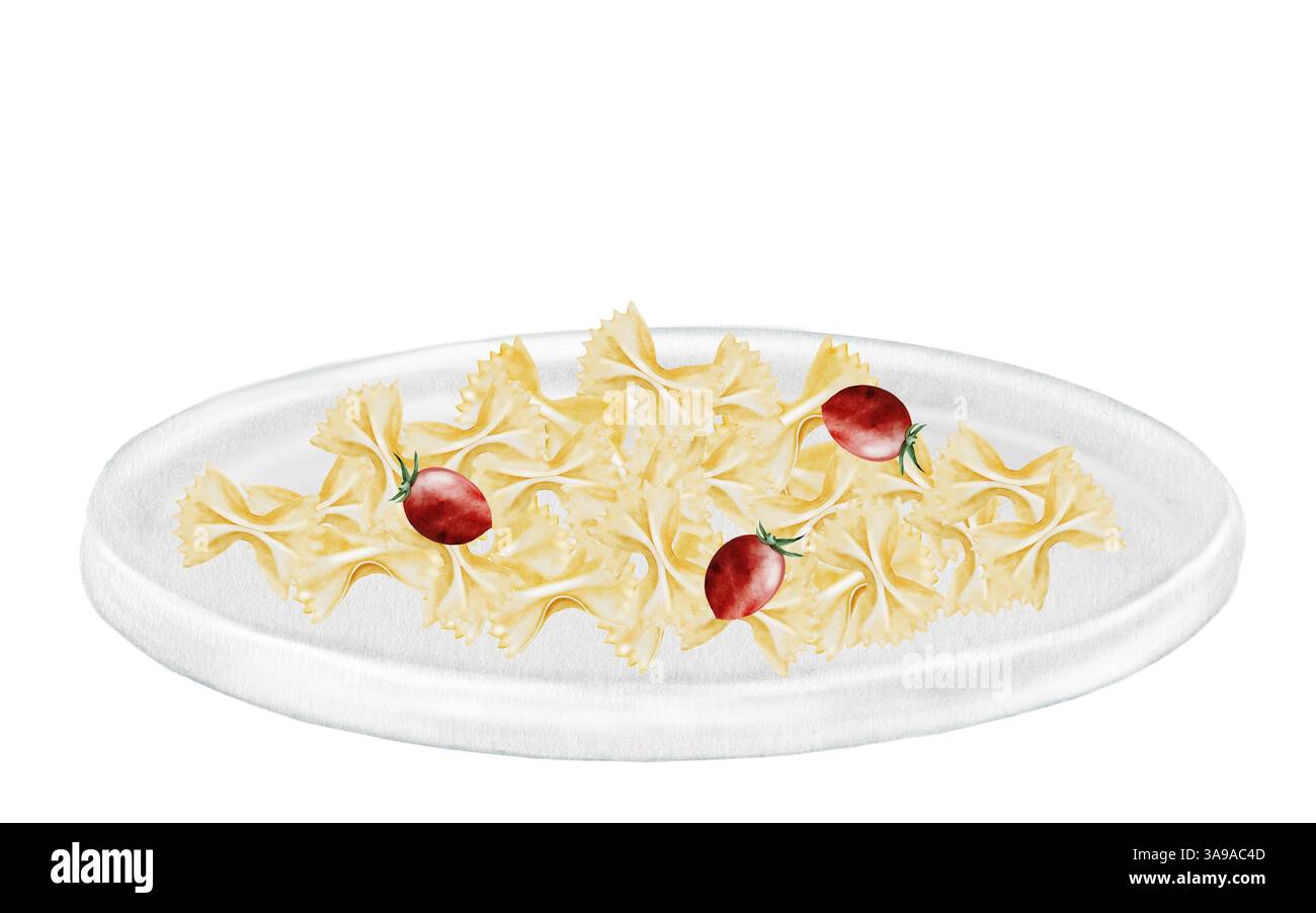 Pâtes farfalle sur une assiette, peinture à l'aquarelle.. Macaroni italien dessiné à la main avec tomates et basilic sur fond blanc. Pince pour aliments Idéal pour Banque D'Images