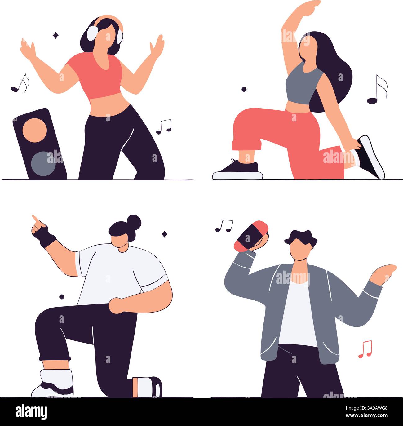 Une illustration colorée mettant en vedette quatre danseurs dans diverses poses. Le coin supérieur gauche montre une femme avec des écouteurs dansant joyeusement, tandis que le coin supérieur droit feat Illustration de Vecteur