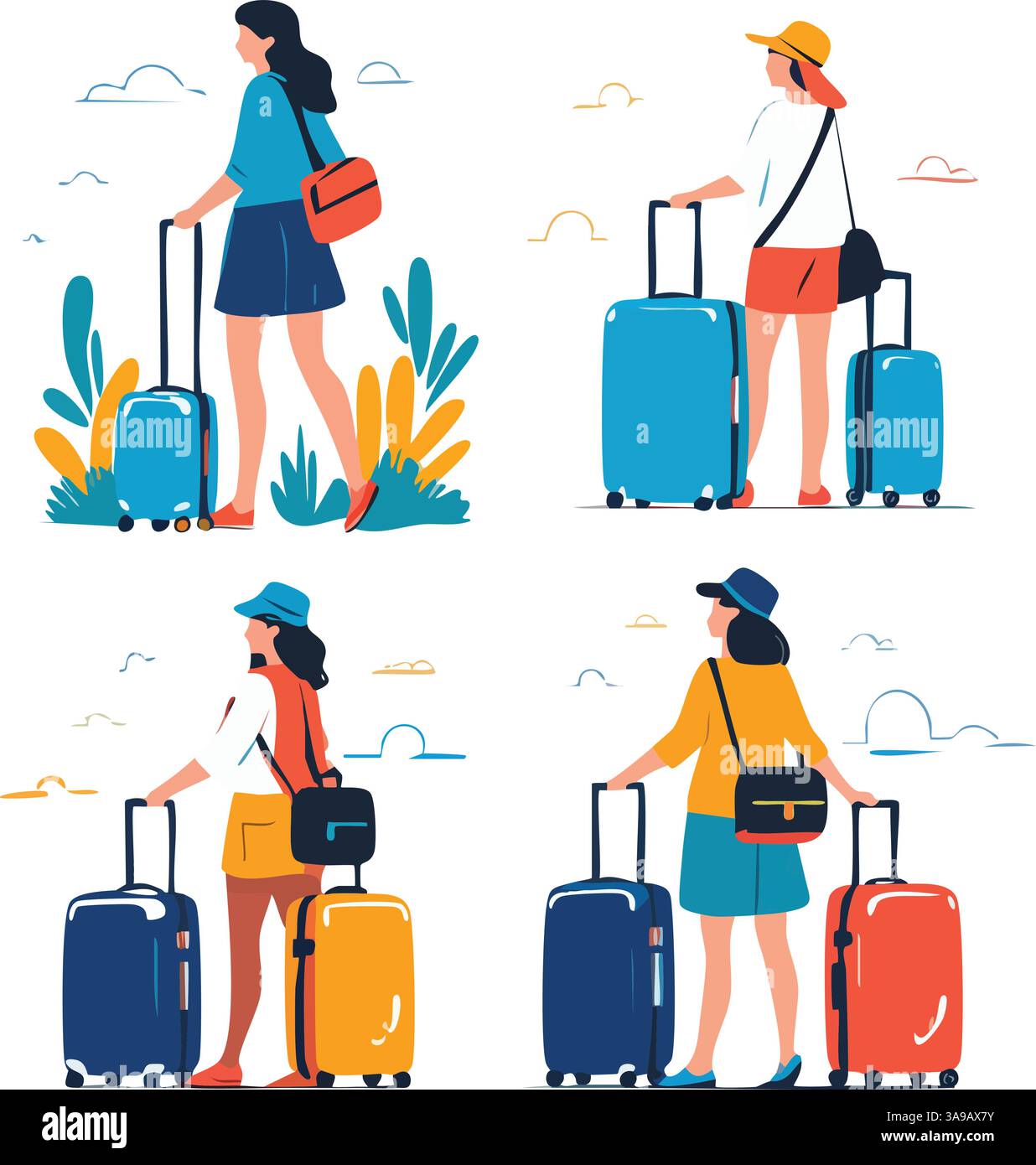 Une illustration colorée mettant en scène quatre femmes avec des valises dans des tenues et des poses différentes, dans un paysage stylisé avec des plantes et des nuages. Illustration de Vecteur