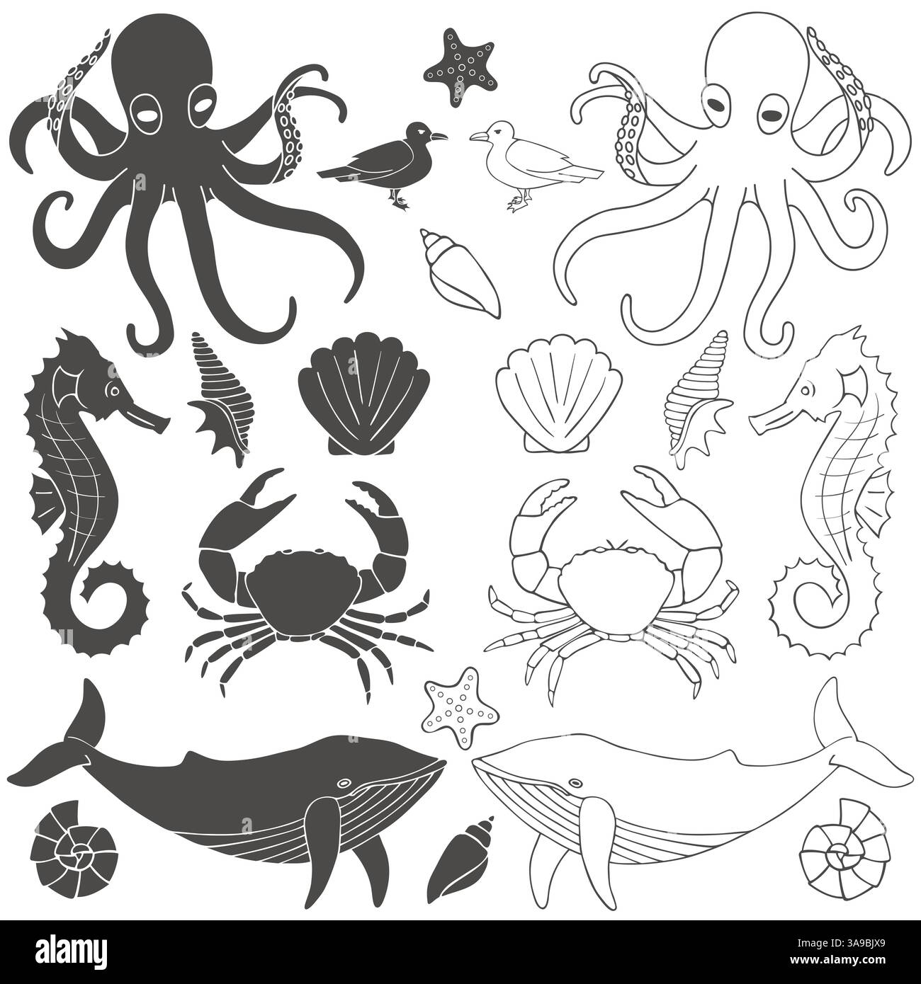 Ensemble d'animaux marins. Éléments dessinés à la main dans un style nautique Illustration de Vecteur