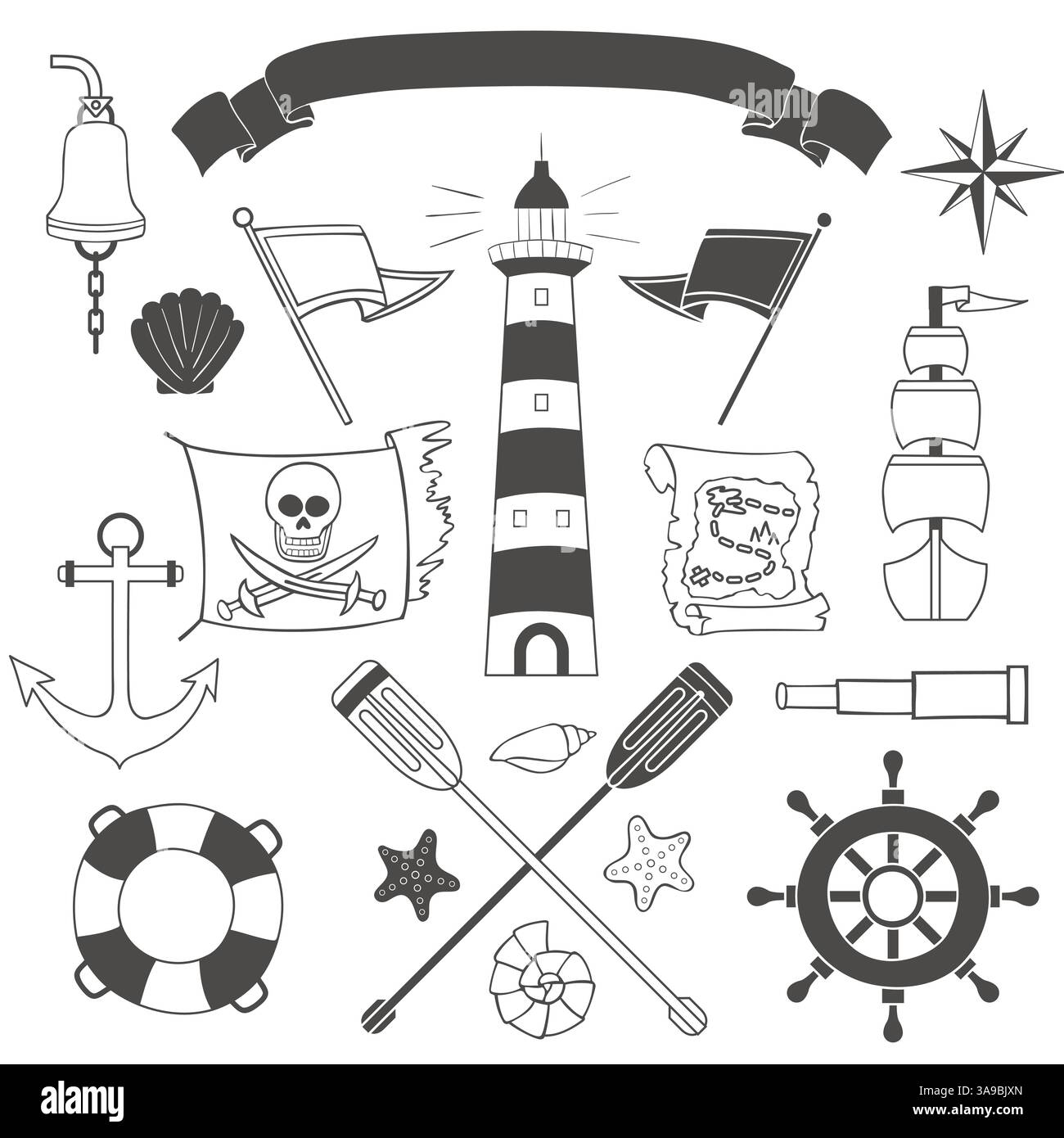 Set nautique et marin. Éléments dessinés à la main dans un style nautique Illustration de Vecteur