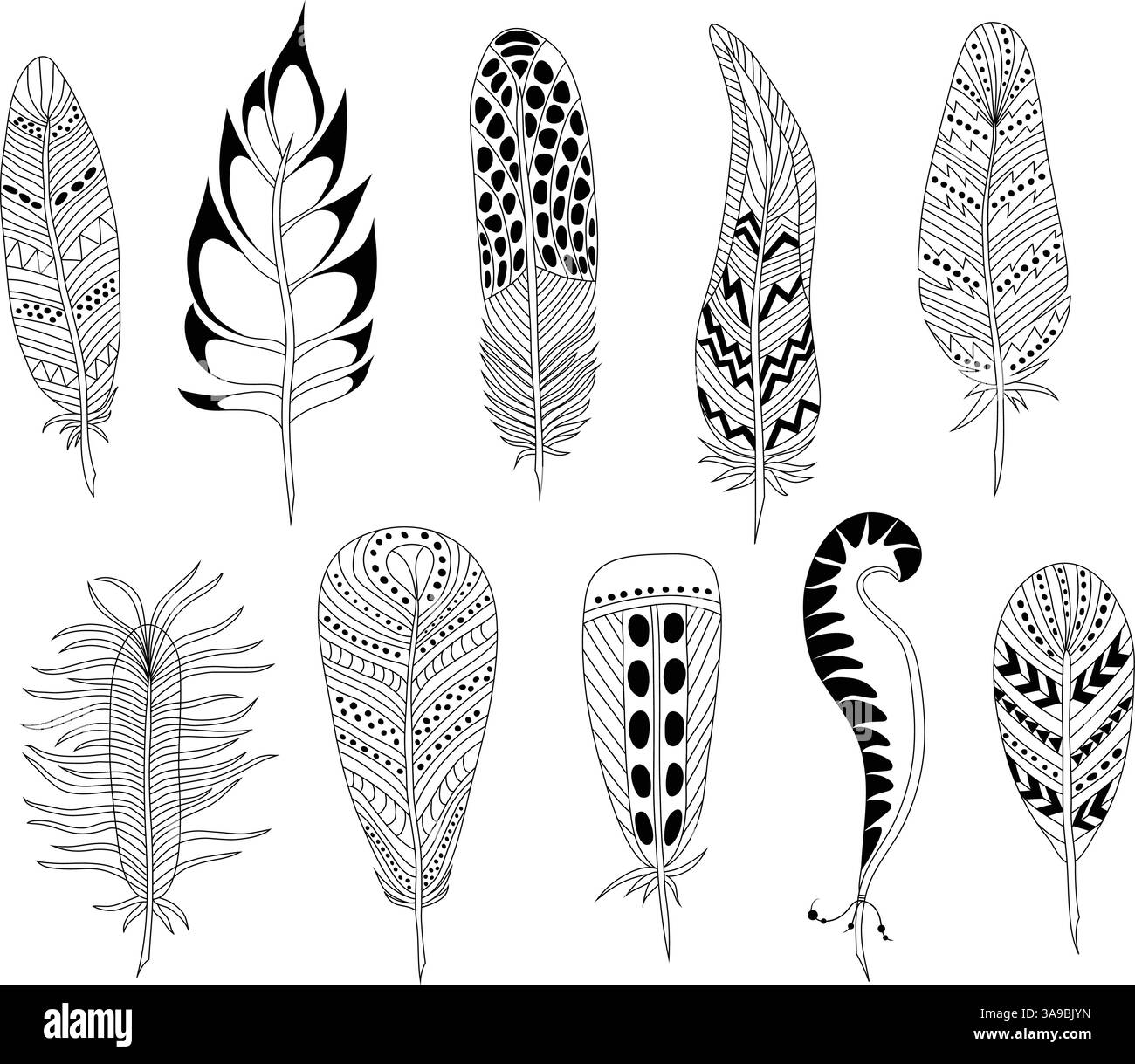 Set de dix plumes noires et blanches Illustration de Vecteur