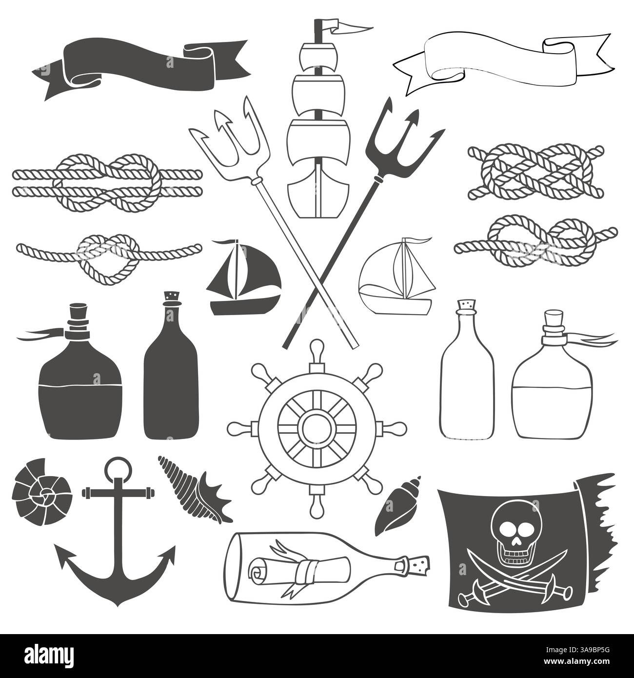 Set nautique et marin. Éléments dessinés à la main dans un style nautique Illustration de Vecteur