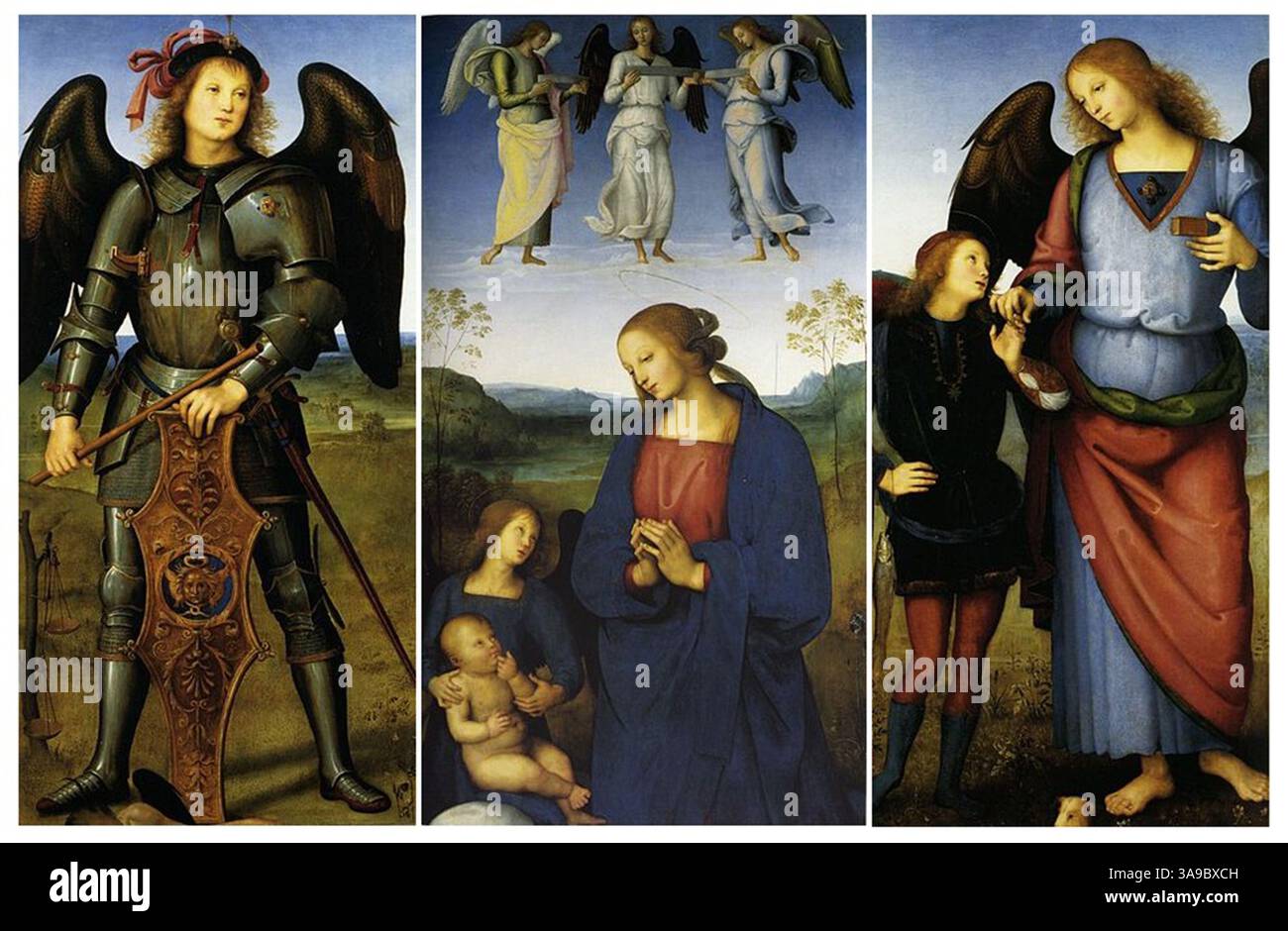 Le retable Certosa di Pavia est un retable à huile sur panneau de Pietro Perugino. Il date d'environ 1496 à 1500 ; trois de ses panneaux sont actuellement à la National Gallery de Londres. Le panneau central inférieur montre la Vierge et l'enfant avec des anges, tandis que le panneau de gauche montre l'archange Michael piétinant Satan et le panneau de droite montre Tobias et l'Ange (l'archange Raphaël). Banque D'Images