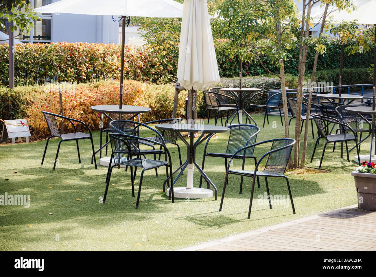 Table extérieure et ensemble de chaises, espace salon du restaurant ou du café dans la zone d'herbe verte du parc public pour les bains de soleil chauds. Banque D'Images