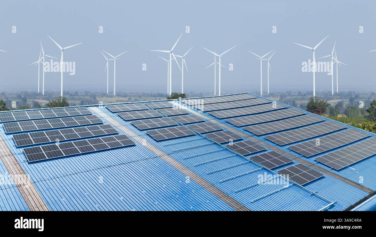 Cellule solaire et éolienne installées en usine modernes, source d'énergie électrique propre pour économiser l'énergie et faible empreinte carbone respectueuse de l'environnement Banque D'Images Cellule solaire et éolienne installées en usine modernes, source d'énergie électrique propre pour économiser l'énergie et faible empreinte carbone respectueuse de l'environnement Banque D'Images