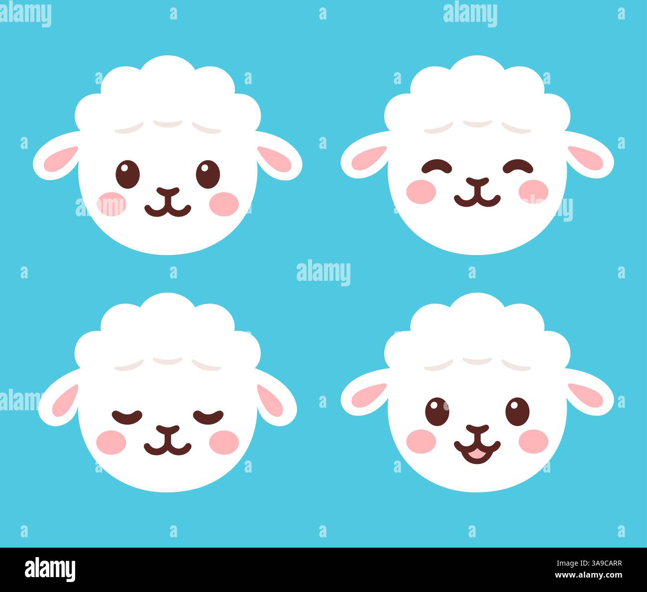 Ensemble visage d'agneau de dessin animé mignon. Kawaii bébé mouton avec différentes expressions, illustration vectorielle clipart. Illustration de Vecteur