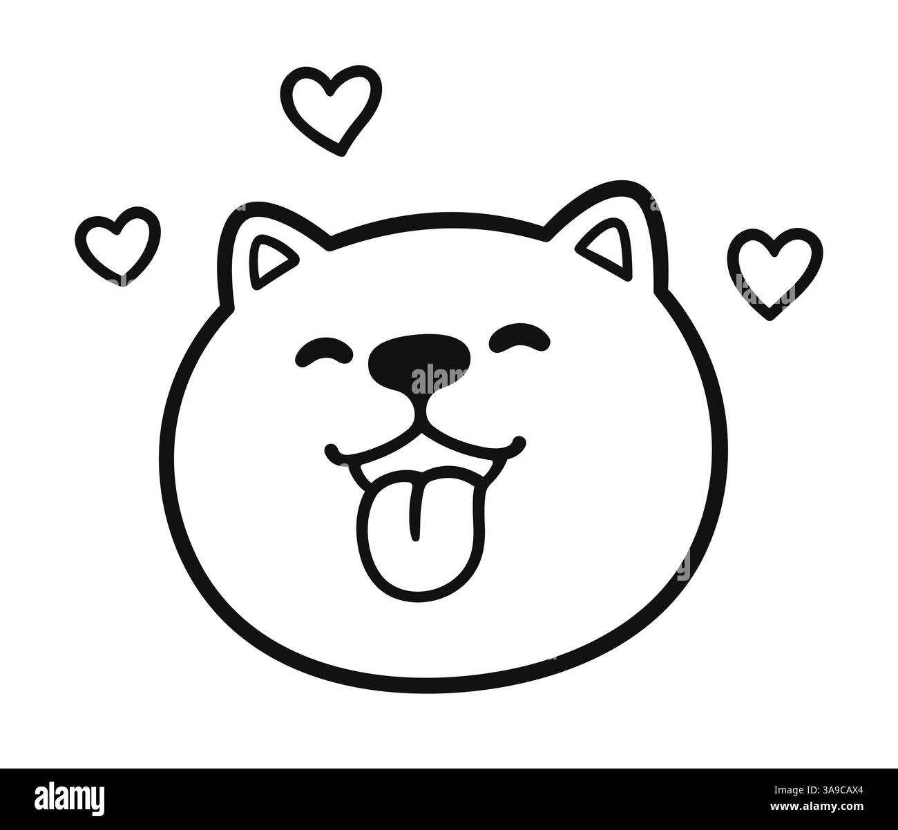 Joli portrait Shiba Inu avec la langue et les coeurs. Baisers de chiot, amour des animaux. Ligne noire et blanche Illustration vectorielle simple drôle de dessin animé. Illustration de Vecteur