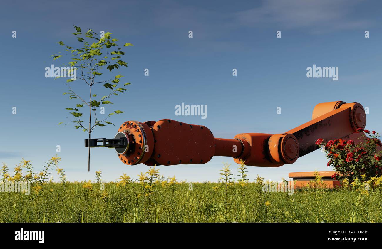 Bras de robot industriel planter un arbre sapling dans la nature - illustration 3D. Banque D'Images
