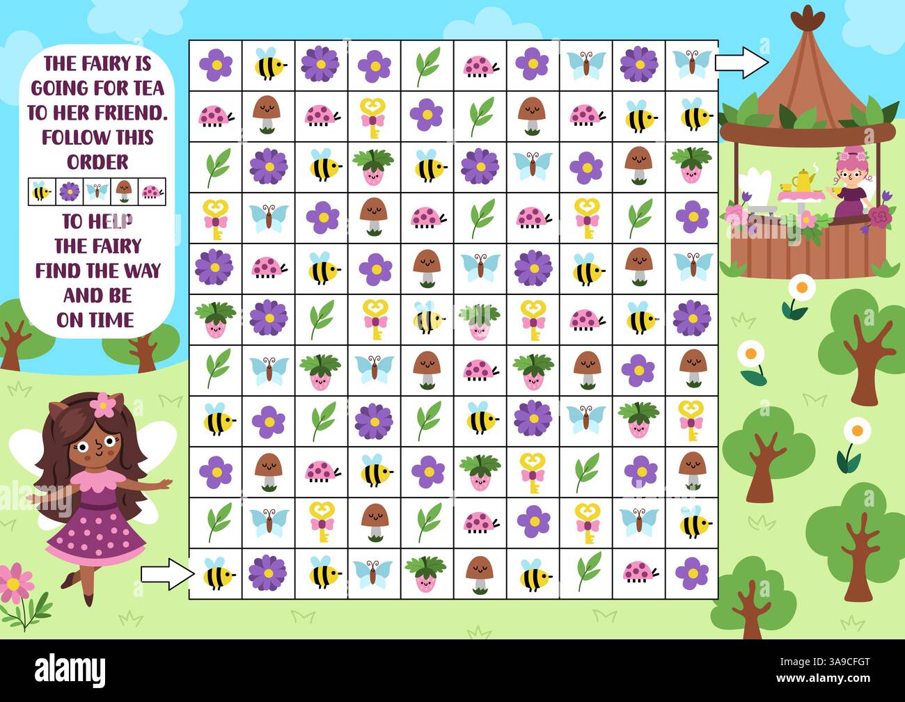 Labyrinthe de fées des bois, chercher et trouver le jeu. Puzzle de compétences d'attention. Activité imprimable forêt magique pour les enfants. Puzzle logique de recherche de conte de fées. Suivez Illustration de Vecteur